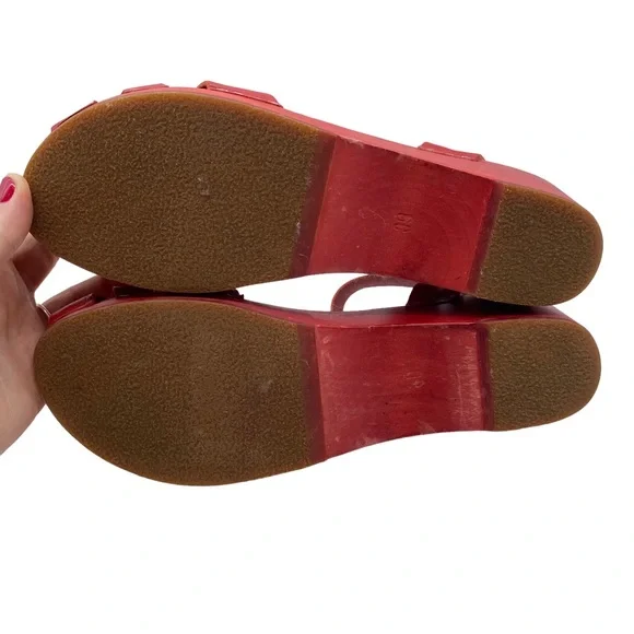 Swedish Hasbeens Sandal Red Leather Clog Bow Buckle Wood Size 8.5 - Picture 10 of 15